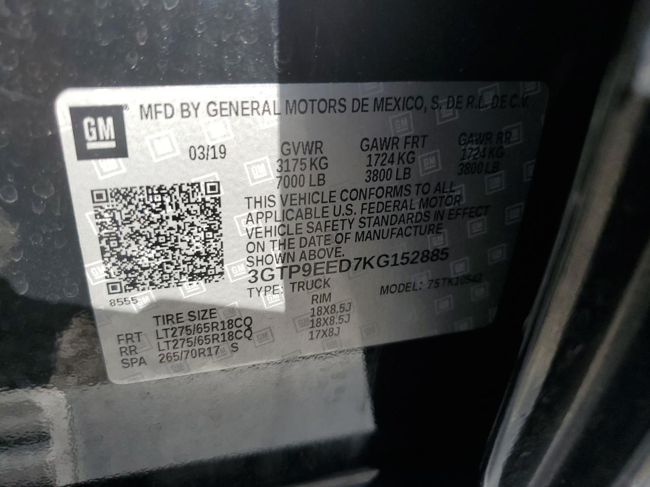 2019 GMC Sierra VIN 3GTP9EED7KG152885 Copart auction photo, rear end damage thumbnail 12