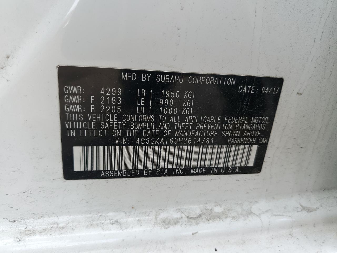 2017 Subaru Impreza VIN 4S3GKAT69H3614781 Copart auction photo, side / minor dent/scratches damage thumbnail 12