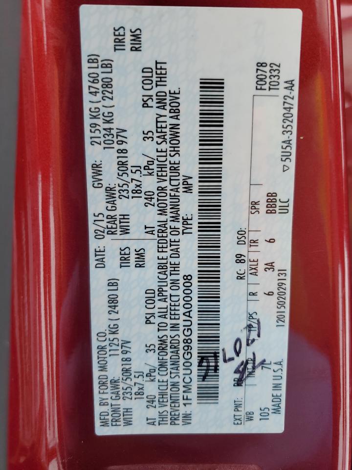 2016 Ford Escape VIN 1FMCU0G98GUA00008 Copart auction photo, rear end damage thumbnail 15