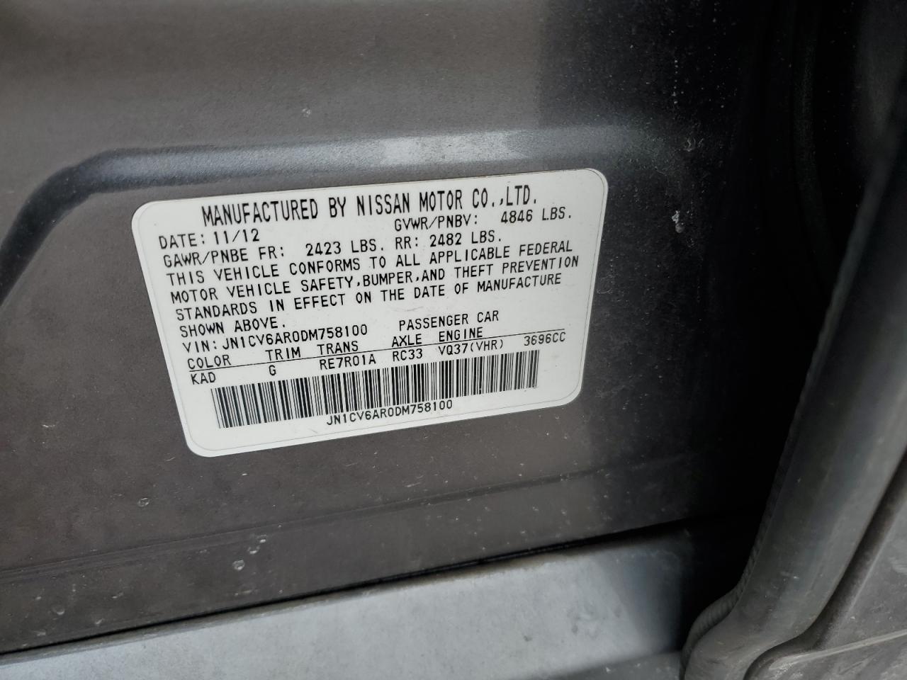 2013 Infiniti G VIN JN1CV6AR0DM758100 Copart auction photo, front end / undercarriage damage thumbnail 12