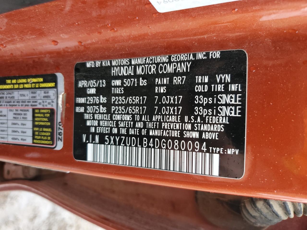 2013 Hyundai Santa Fe VIN 5XYZUDLB4DG080094 Copart auction photo, side / front end damage thumbnail 15