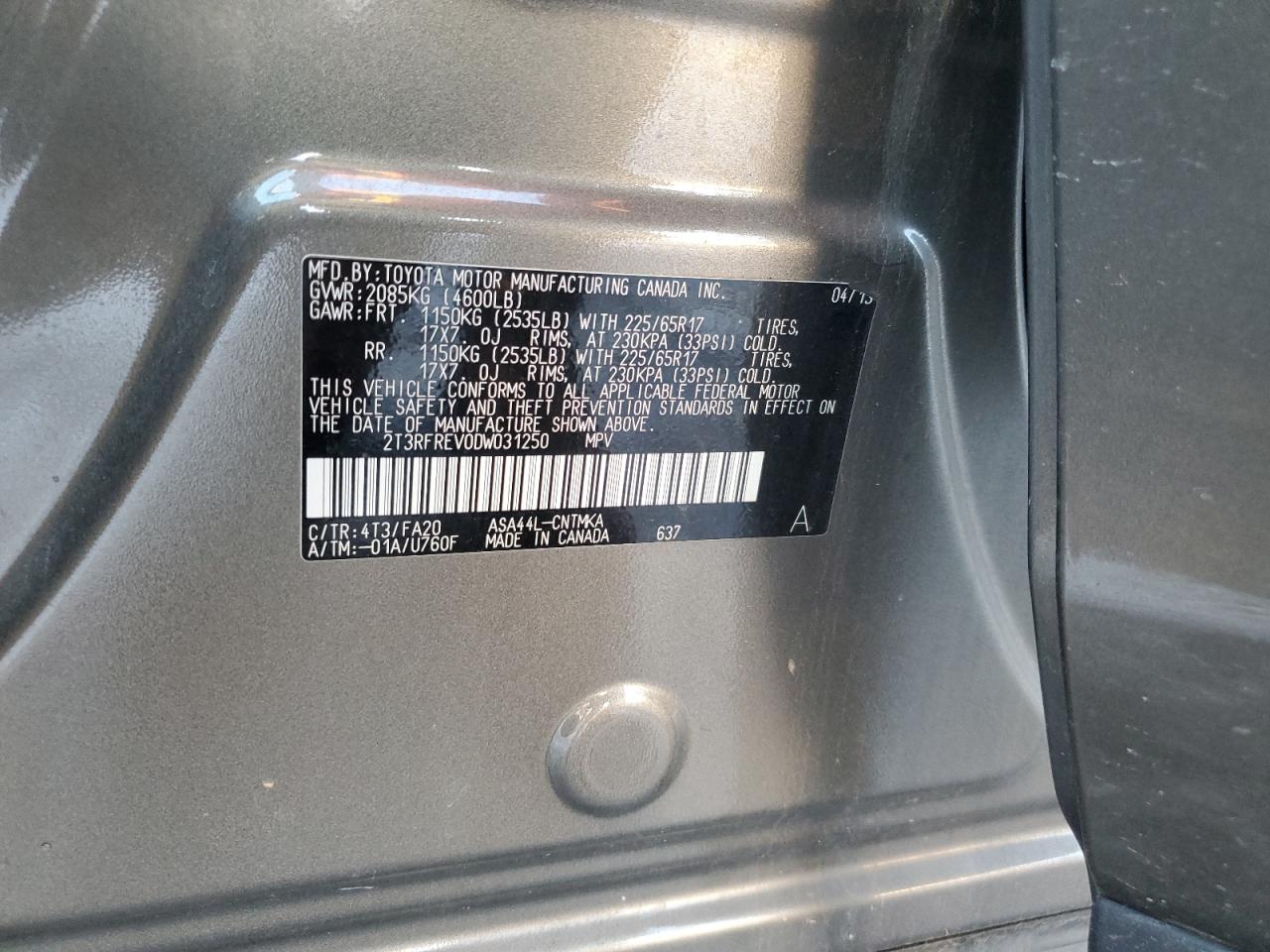 2013 Toyota RAV 4 VIN 2T3RFREV0DW031250 Copart auction photo, front end / undercarriage damage thumbnail 13