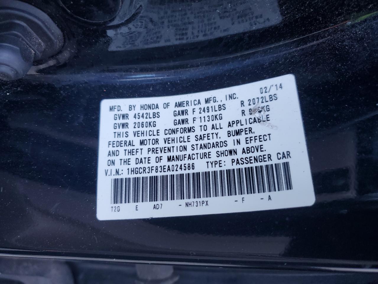 2014 Honda Accord VIN 1HGCR3F83EA024586 Copart auction photo, top/roof damage thumbnail 12