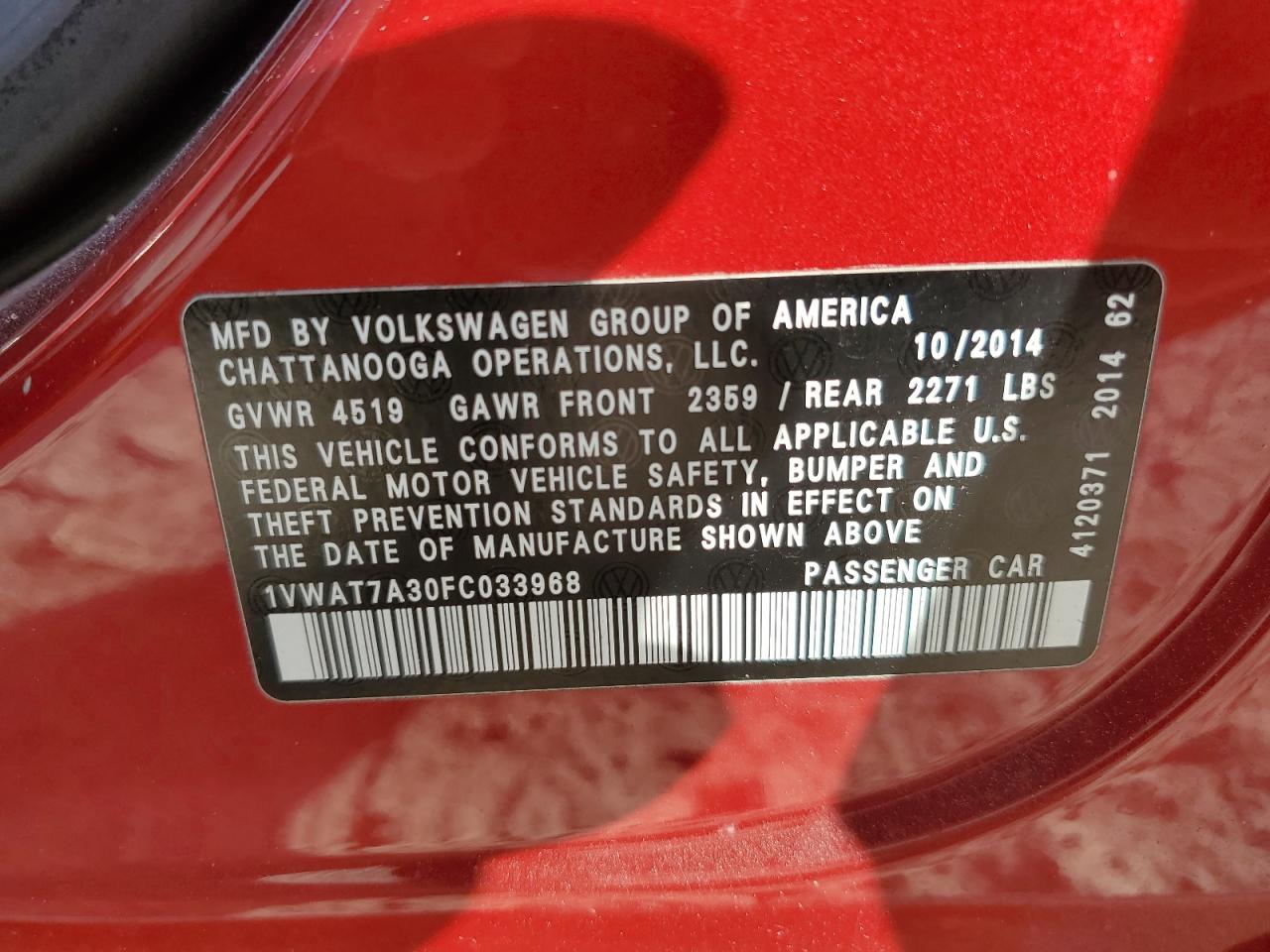 2015 Volkswagen Passat VIN 1VWAT7A30FC033968 Copart auction photo, front end / side damage thumbnail 13