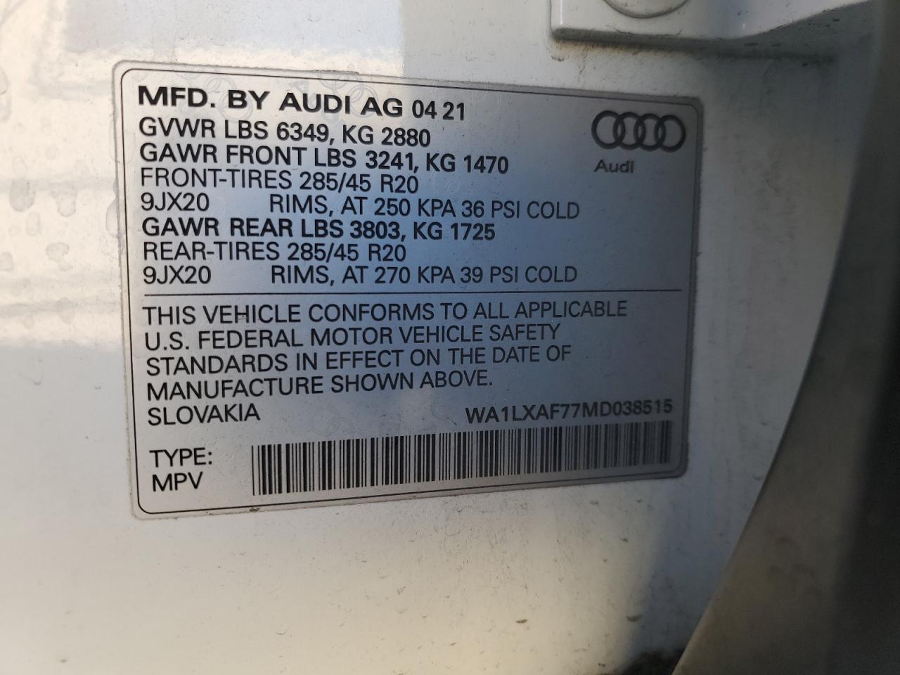 2021 Audi Q7 VIN WA1LXAF77MD038515 Copart auction photo, side / rear end damage thumbnail 13