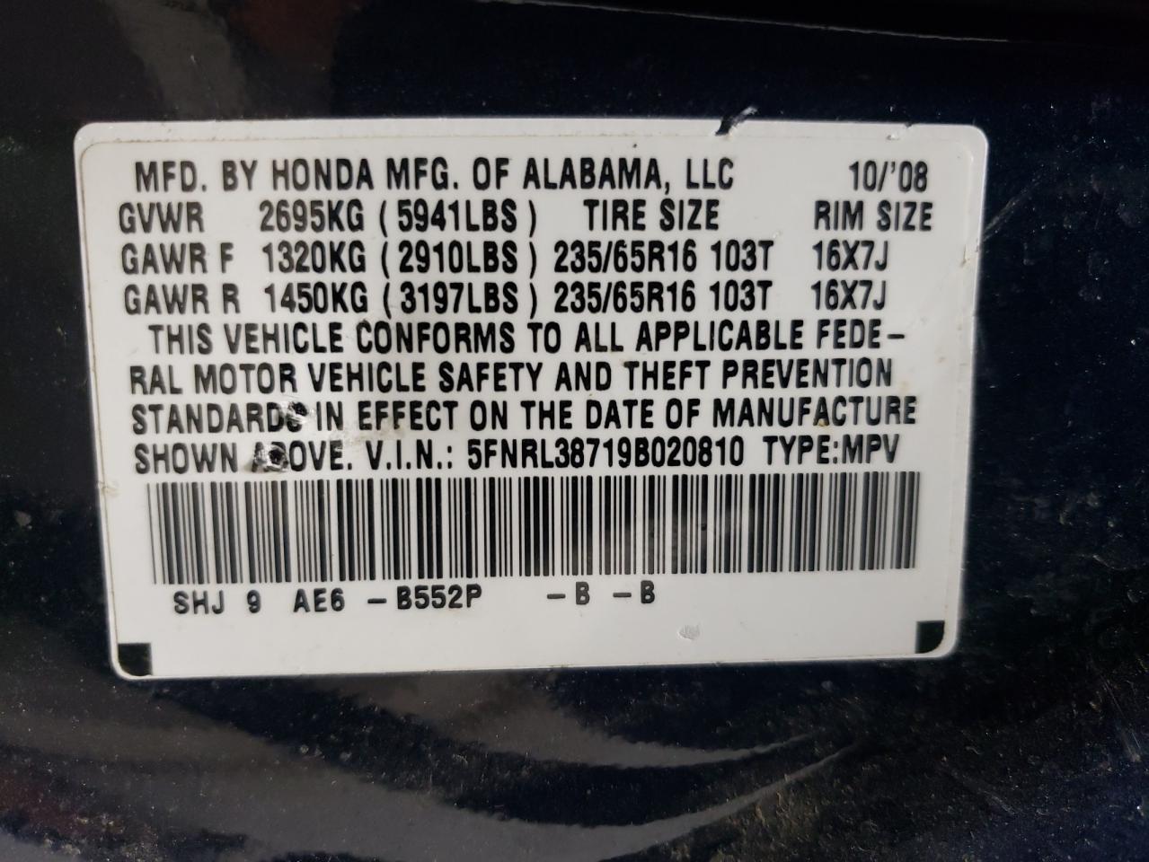 2009 Honda Odyssey VIN 5FNRL38719B020810 Copart auction photo, front end / side damage thumbnail 15