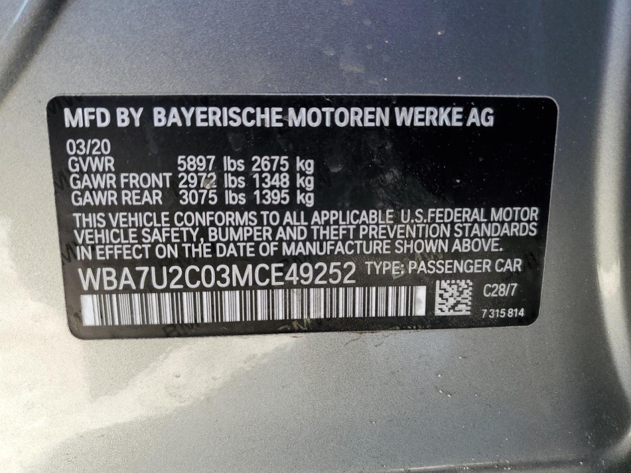2021 BMW 7er VIN WBA7U2C03MCE49252 Copart auction photo, rear end damage thumbnail 13