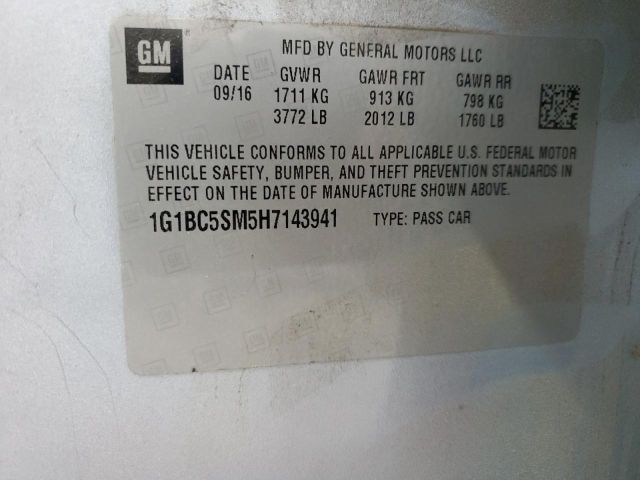 2017 Chevrolet Cruze VIN 1G1BC5SM5H7143941 Copart auction photo, front end damage thumbnail 12