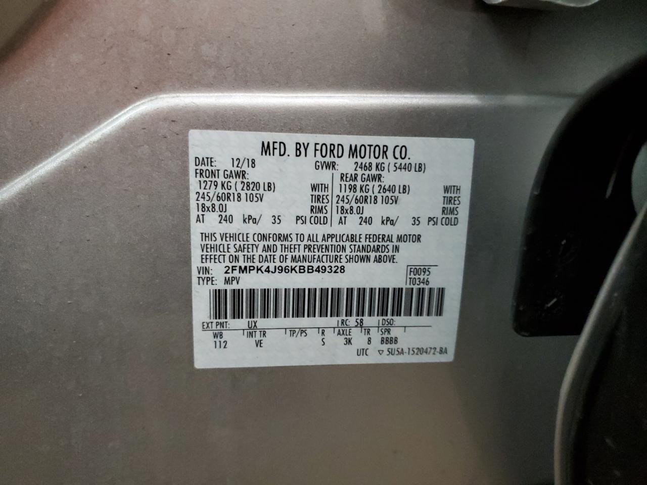 2019 Ford Edge VIN 2FMPK4J96KBB49328 Copart auction photo, rear end damage thumbnail 15