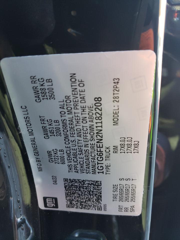 2022 GMC Canyon VIN 1GTG6FEN2N1182208 Copart auction photo, rear end / top/roof damage thumbnail 12