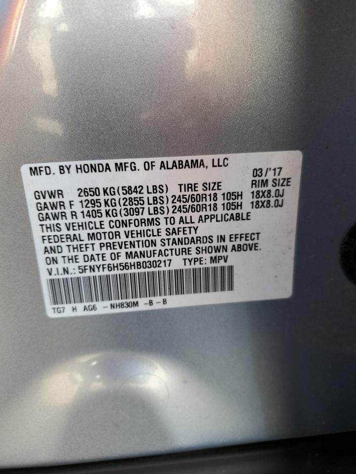 2017 Honda Pilot VIN 5FNYF6H56HB030217 Copart auction photo, front end damage thumbnail 14