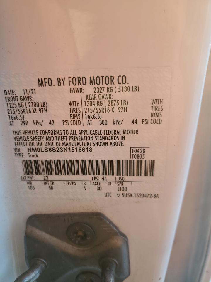 2022 Ford Transit VIN NM0LS6S23N1516618 Copart auction photo, rear end damage thumbnail 13