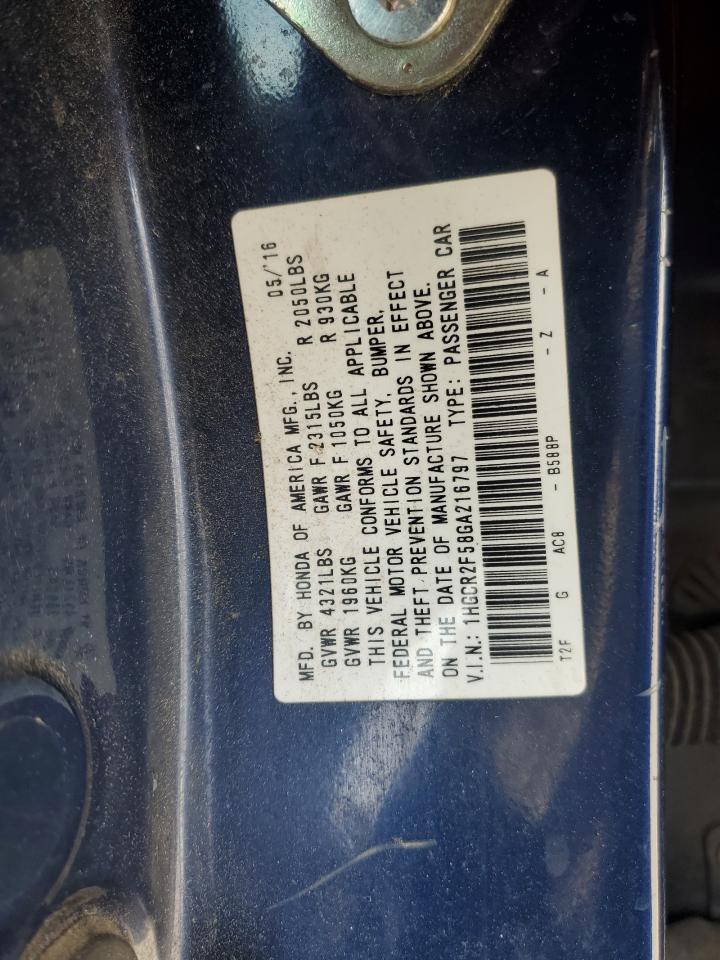 2016 Honda Accord VIN 1HGCR2F58GA216797 Copart auction photo, front end damage thumbnail 14