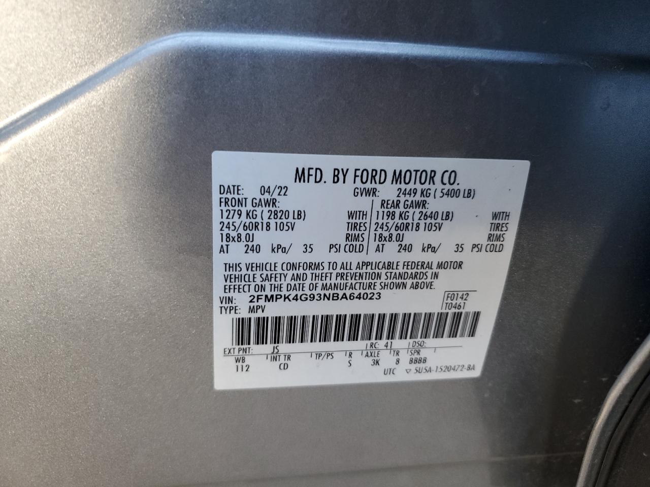 2022 Ford Edge VIN 2FMPK4G93NBA64023 Copart auction photo, rear end damage thumbnail 13