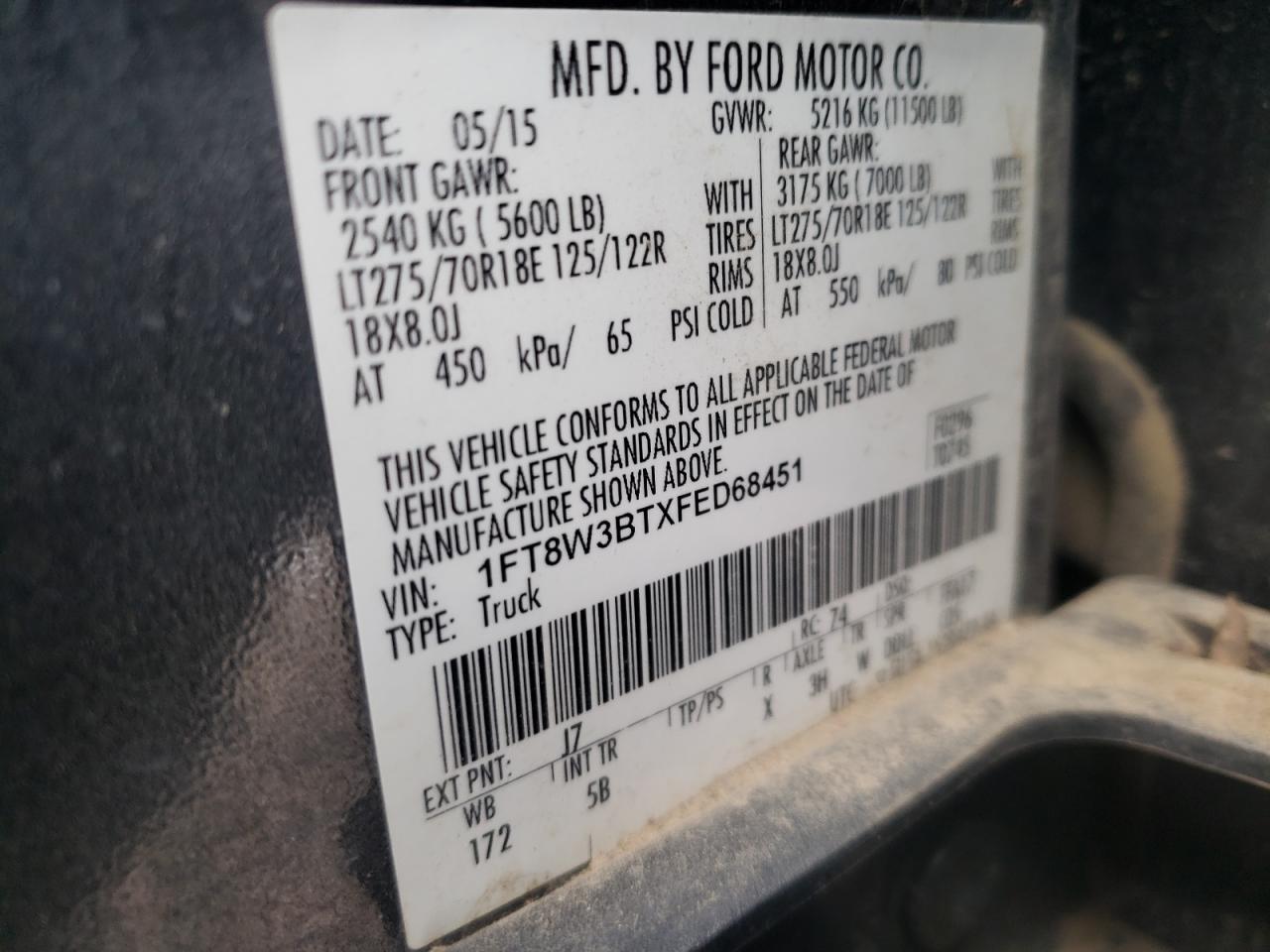 2015 Ford F350 VIN 1FT8W3BTXFED68451 Copart auction photo, front end / side damage thumbnail 12