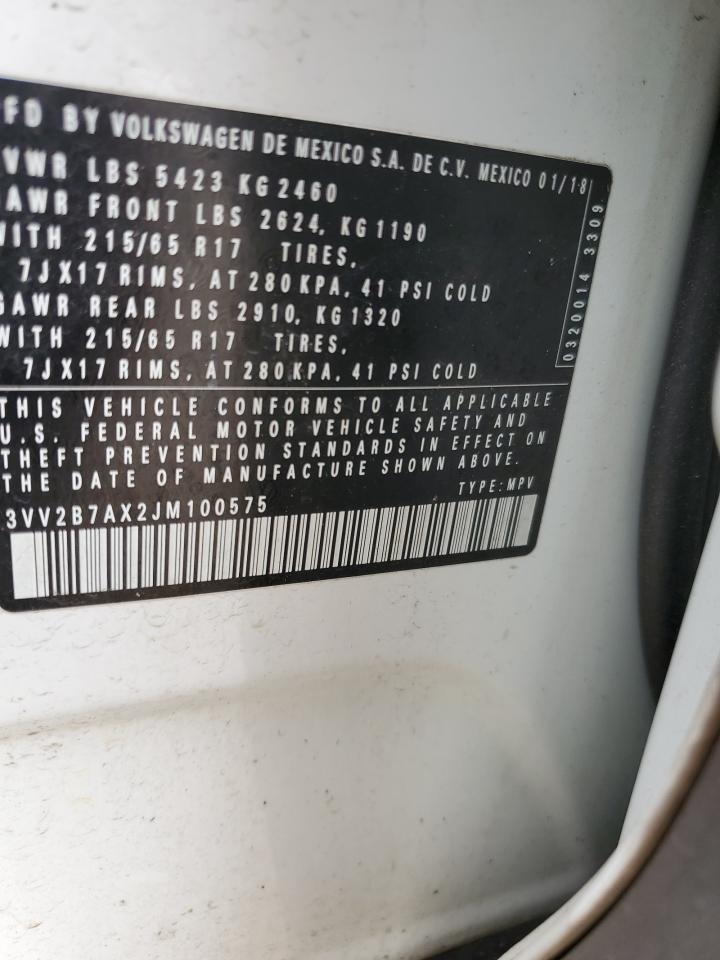 2018 Volkswagen Tiguan VIN 3VV2B7AX2JM100575 Copart auction photo, front end damage thumbnail 14