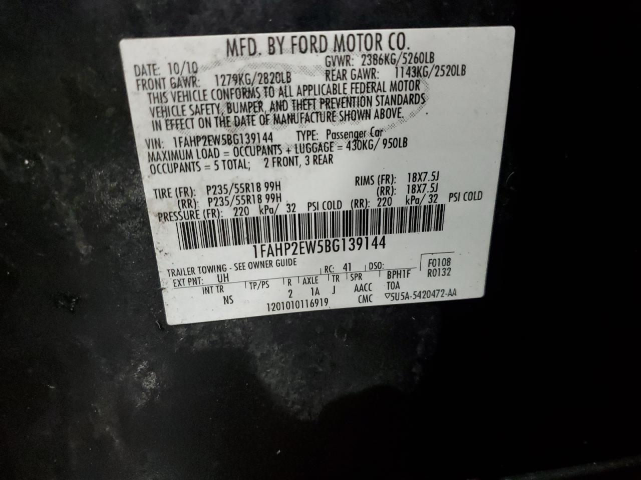 2011 Ford Taurus VIN 1FAHP2EW5BG139144 Copart auction photo, front end damage thumbnail 12