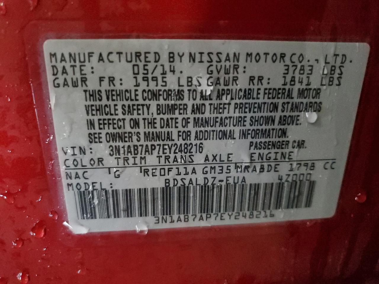 2014 Nissan Sentra VIN 3N1AB7AP7EY248216 Copart auction photo, burn damage thumbnail 12