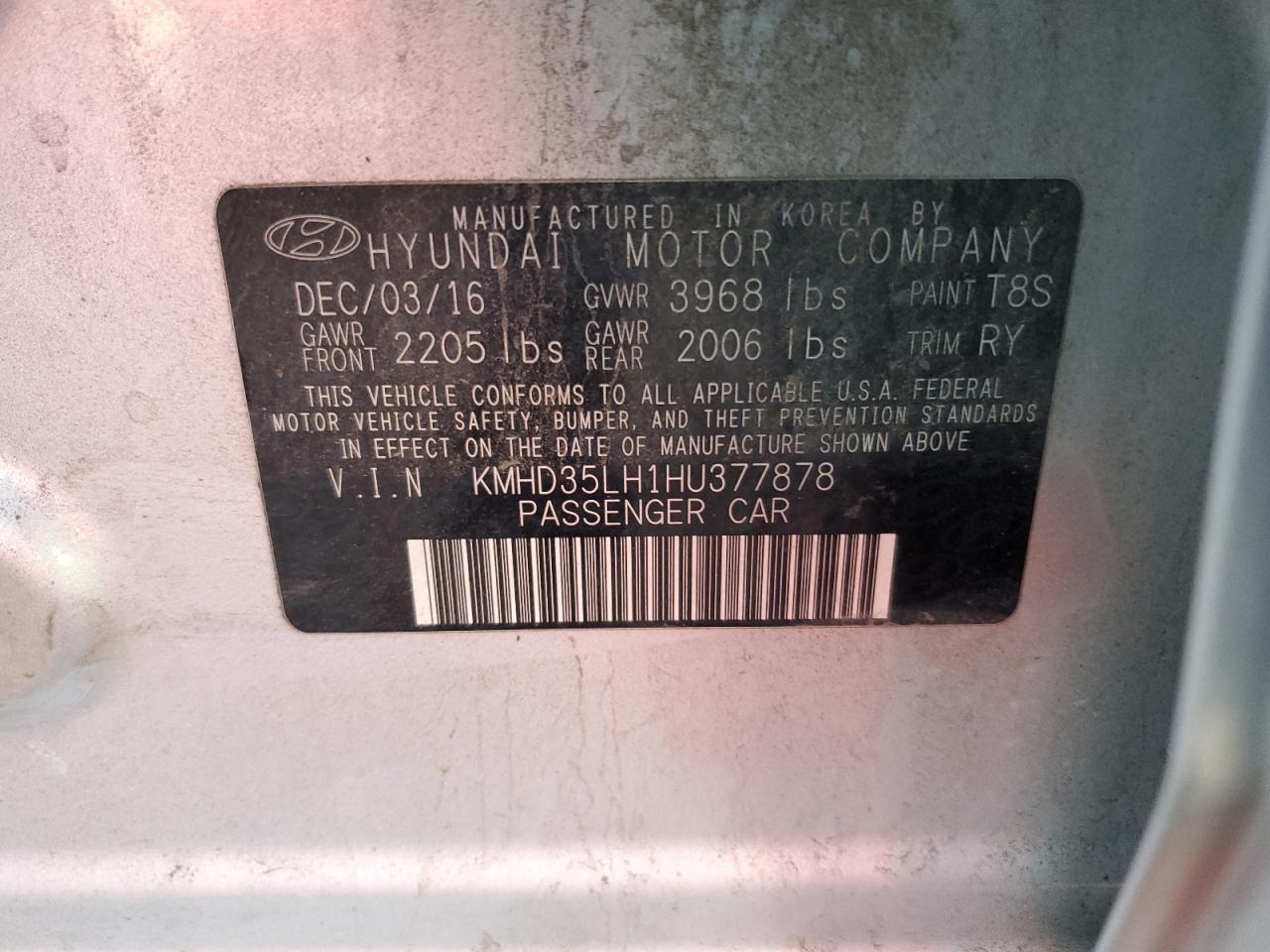 2017 Hyundai Elantra VIN KMHD35LH1HU377878 Copart auction photo, all over / hail damage thumbnail 14