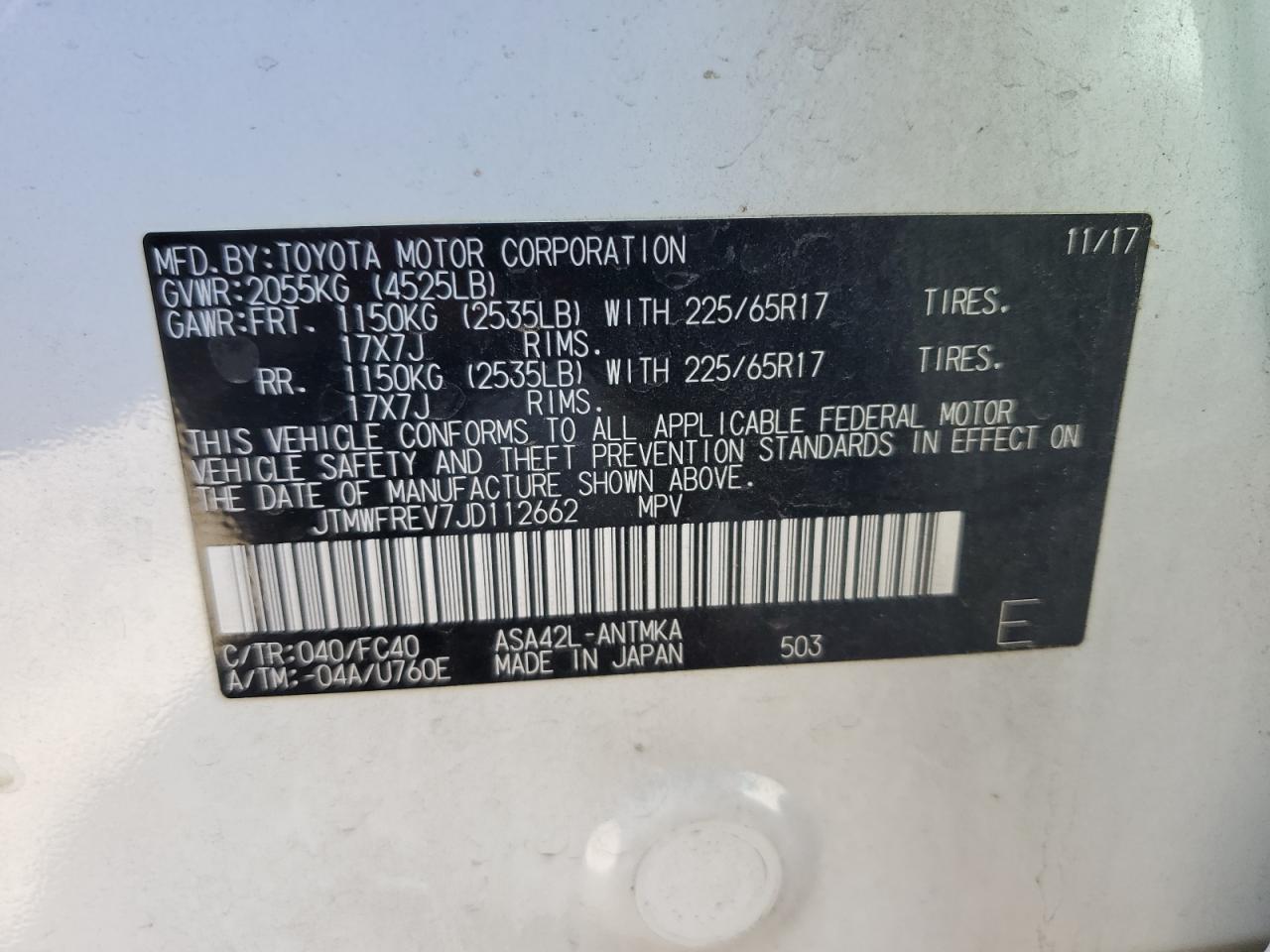2018 Toyota RAV 4 VIN JTMWFREV7JD112662 Copart auction photo, front end / minor dent/scratches damage thumbnail 16