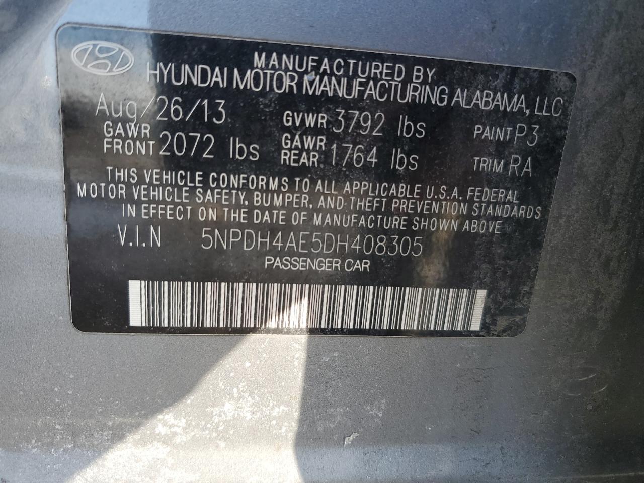 2013 Hyundai Elantra VIN 5NPDH4AE5DH408305 Copart auction photo, front end / top/roof damage thumbnail 12
