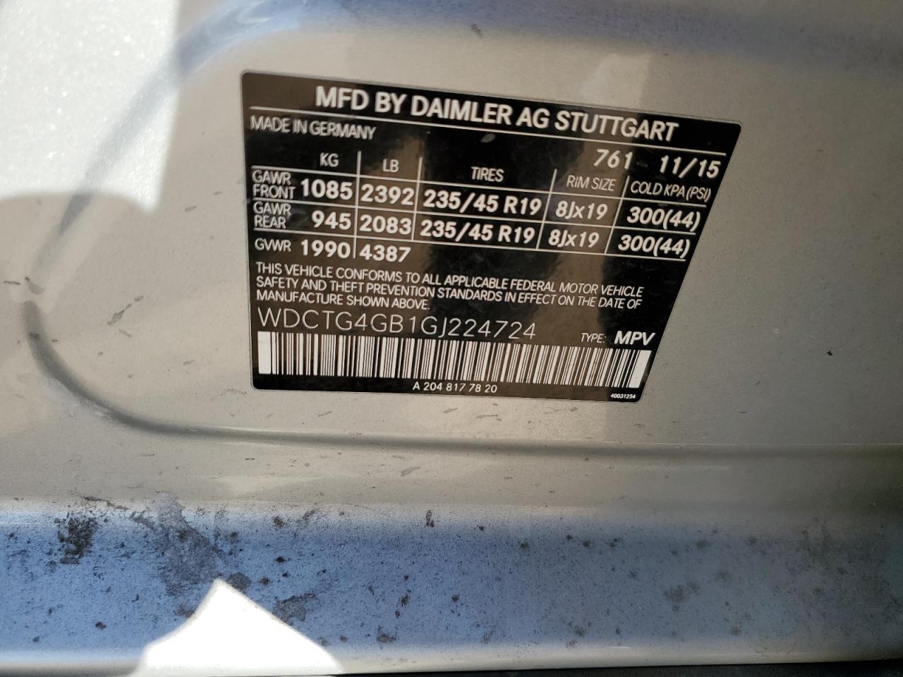 2016 Mercedes-Benz GLA-klasse VIN WDCTG4GB1GJ224724 Copart auction photo, biohazard/chemical / vandalism damage thumbnail 12