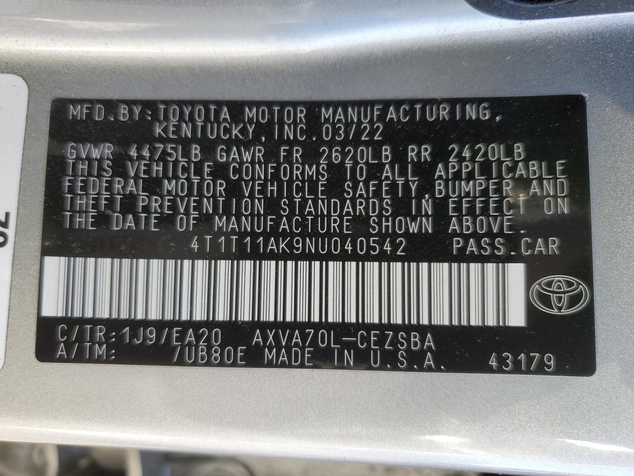 2022 Toyota Camry VIN 4T1T11AK9NU040542 Copart auction photo, side / rear end damage thumbnail 14