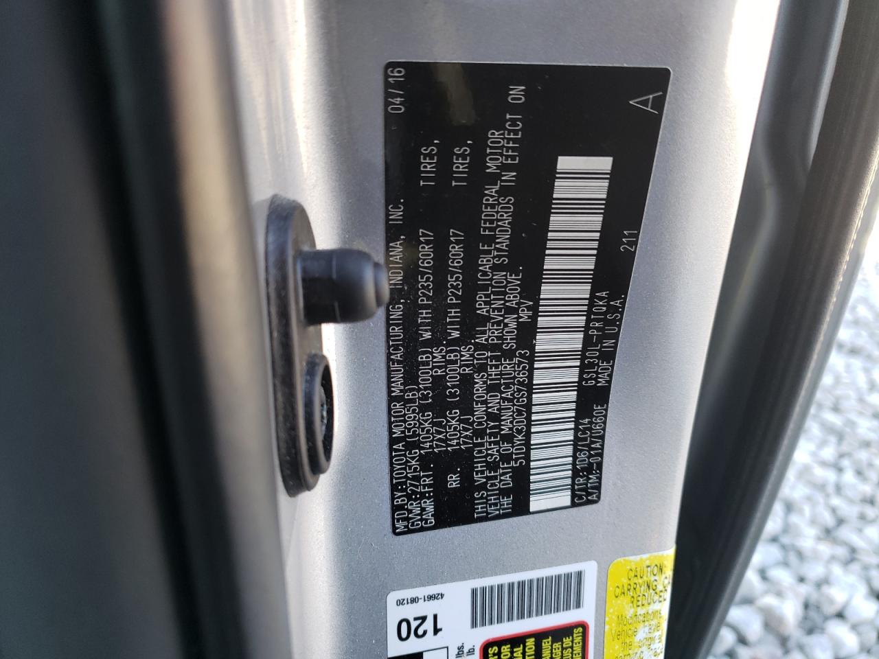 2016 Toyota Sienna VIN 5TDYK3DC7GS736573 Copart auction photo, front end damage thumbnail 13