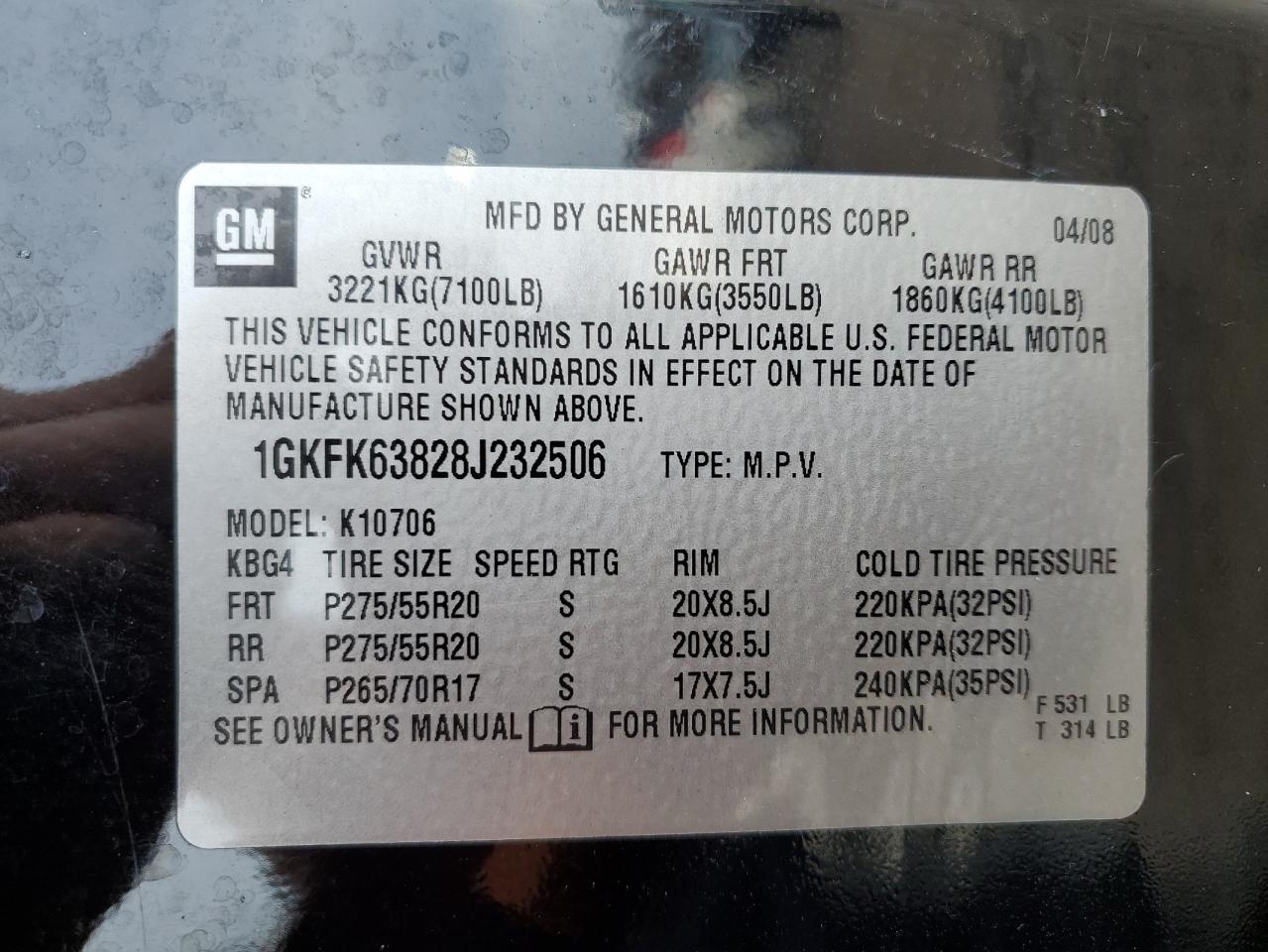 2008 GMC Yukon VIN 1GKFK63828J232506 Copart auction photo, front end / minor dent/scratches damage thumbnail 14