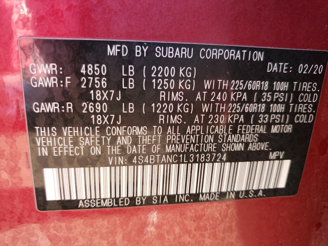 2020 Subaru Outback VIN 4S4BTANC1L3183724 Copart auction photo, front end / rear end damage thumbnail 15