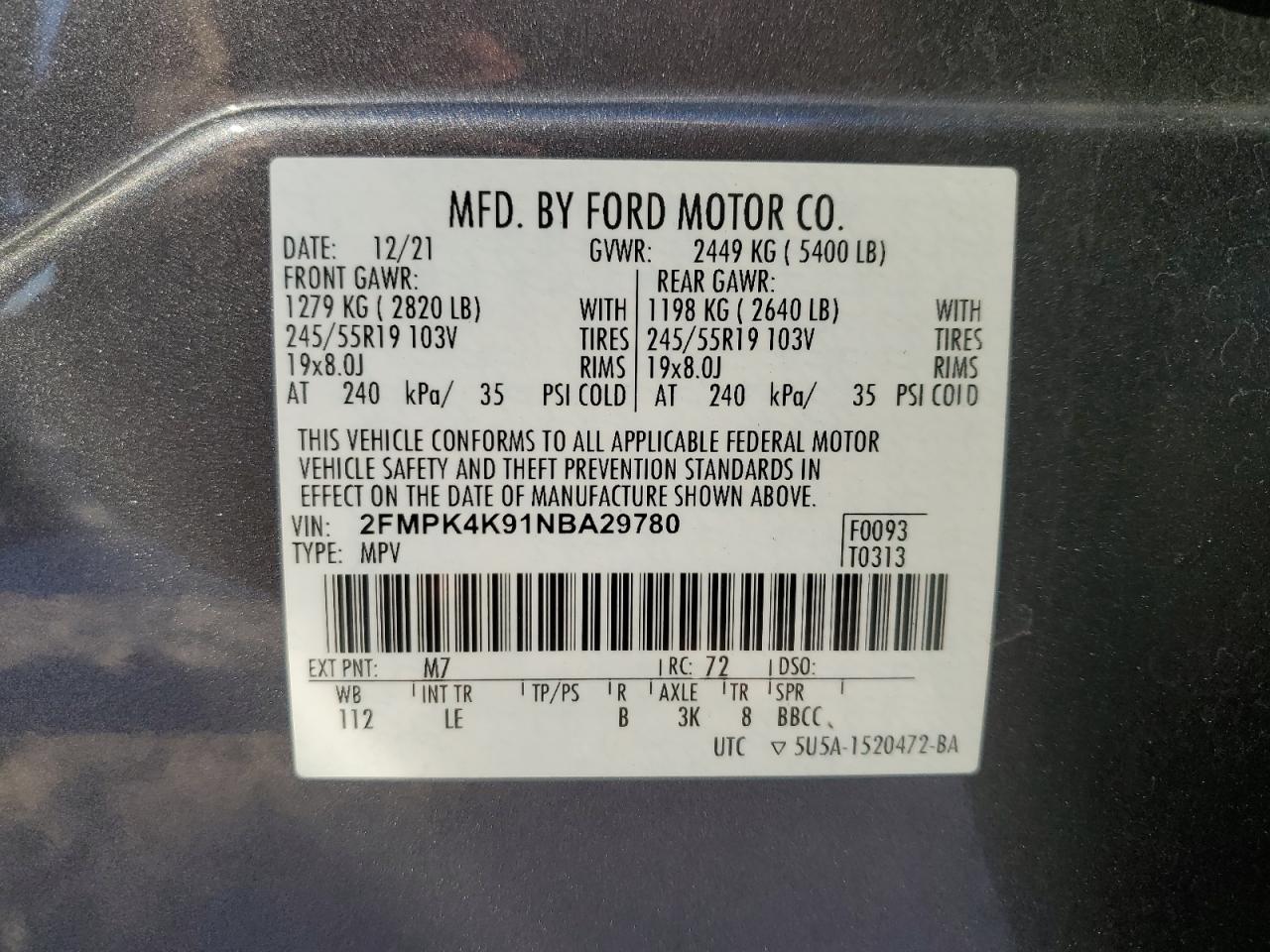 2022 Ford Edge VIN 2FMPK4K91NBA29780 Copart auction photo, front end damage thumbnail 13