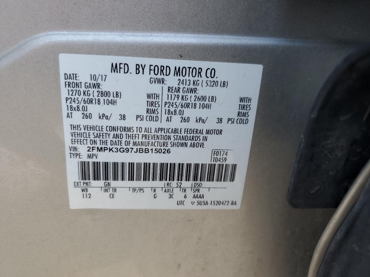 2018 Ford Edge VIN 2FMPK3G97JBB15026 Copart auction photo, rear end / front end damage thumbnail 14