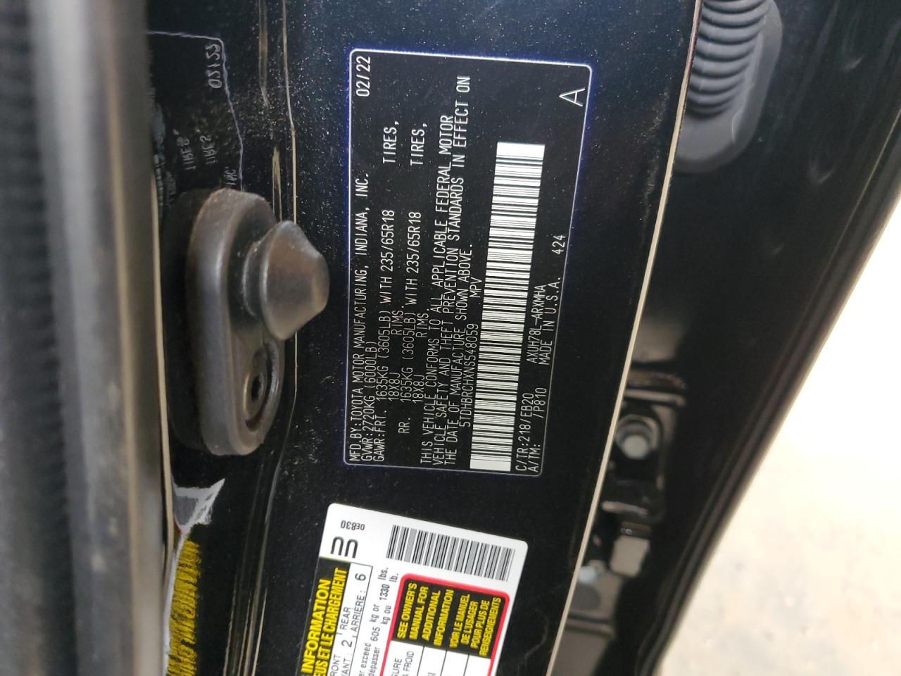 2022 Toyota Highlander VIN 5TDHBRCHXNS548059 Copart auction photo, vandalism / rear end damage thumbnail 13