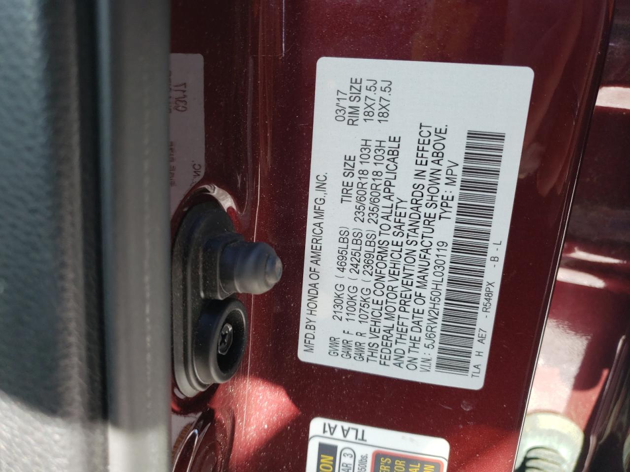 2017 Honda CR-V VIN 5J6RW2H50HL030119 Copart auction photo, front end damage thumbnail 13