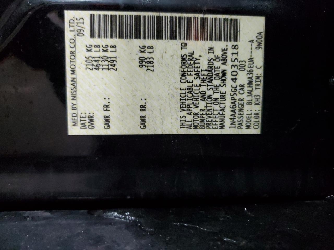 2016 Nissan Maxima VIN 1N4AA6AP5GC403518 Copart auction photo, front end damage thumbnail 12