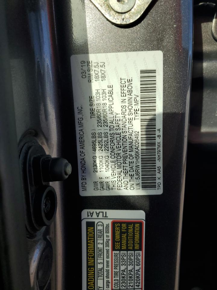 2019 Honda CR-V VIN 5J6RW1H56KA026492 Copart auction photo, water/flood damage thumbnail 14
