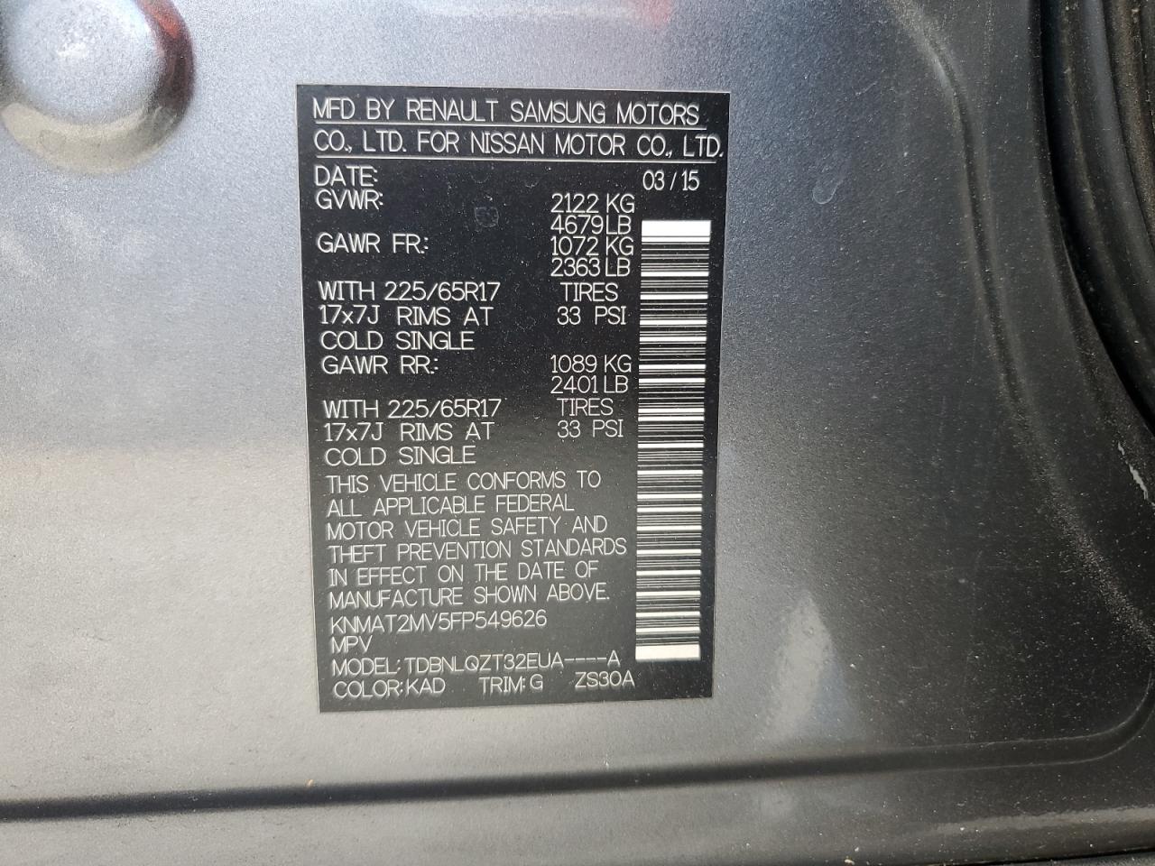 2015 Nissan Rogue VIN KNMAT2MV5FP549626 Copart auction photo, rear end damage thumbnail 13