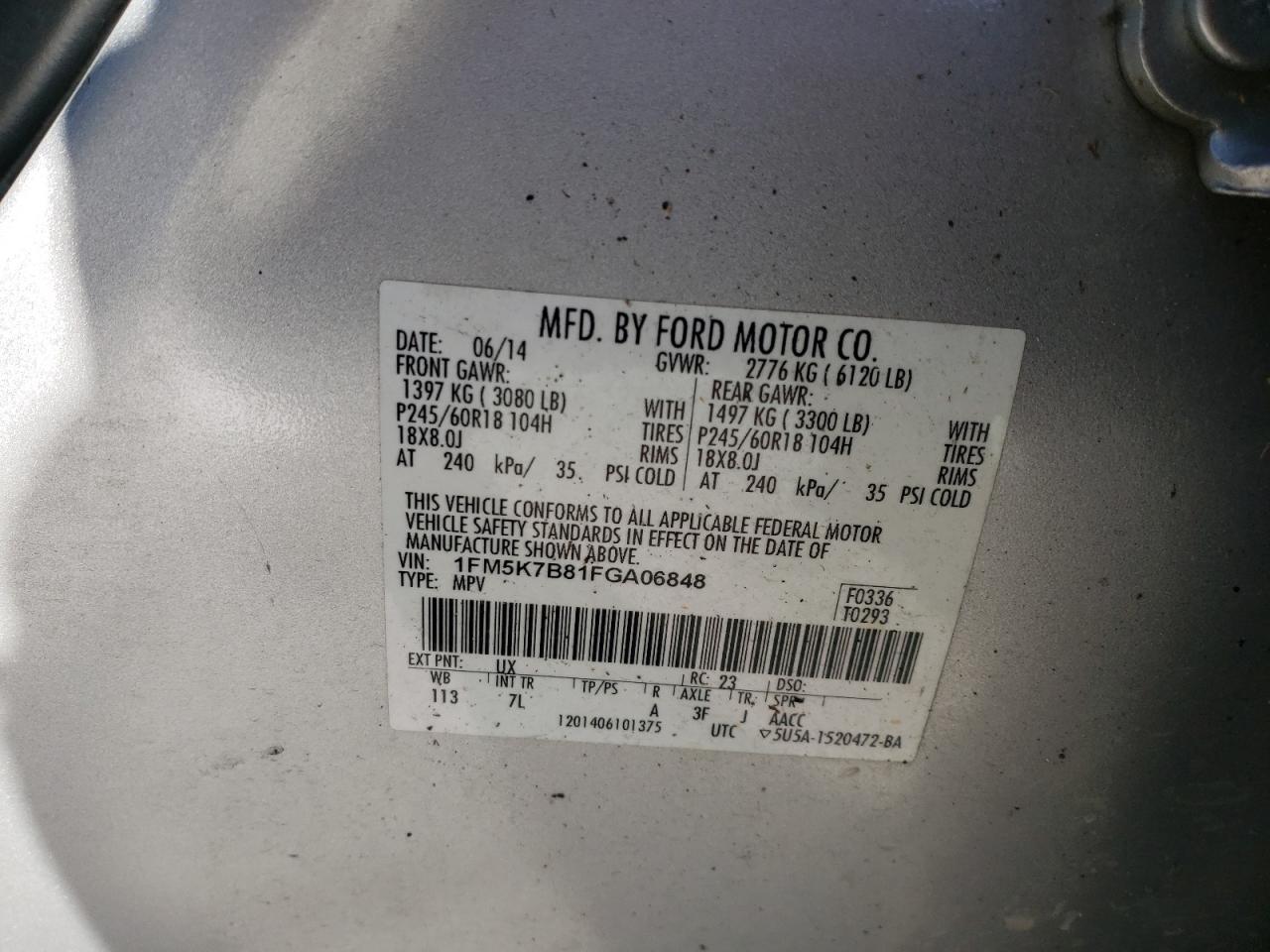 2015 Ford Explorer VIN 1FM5K7B81FGA06848 Copart auction photo, rear end damage thumbnail 13
