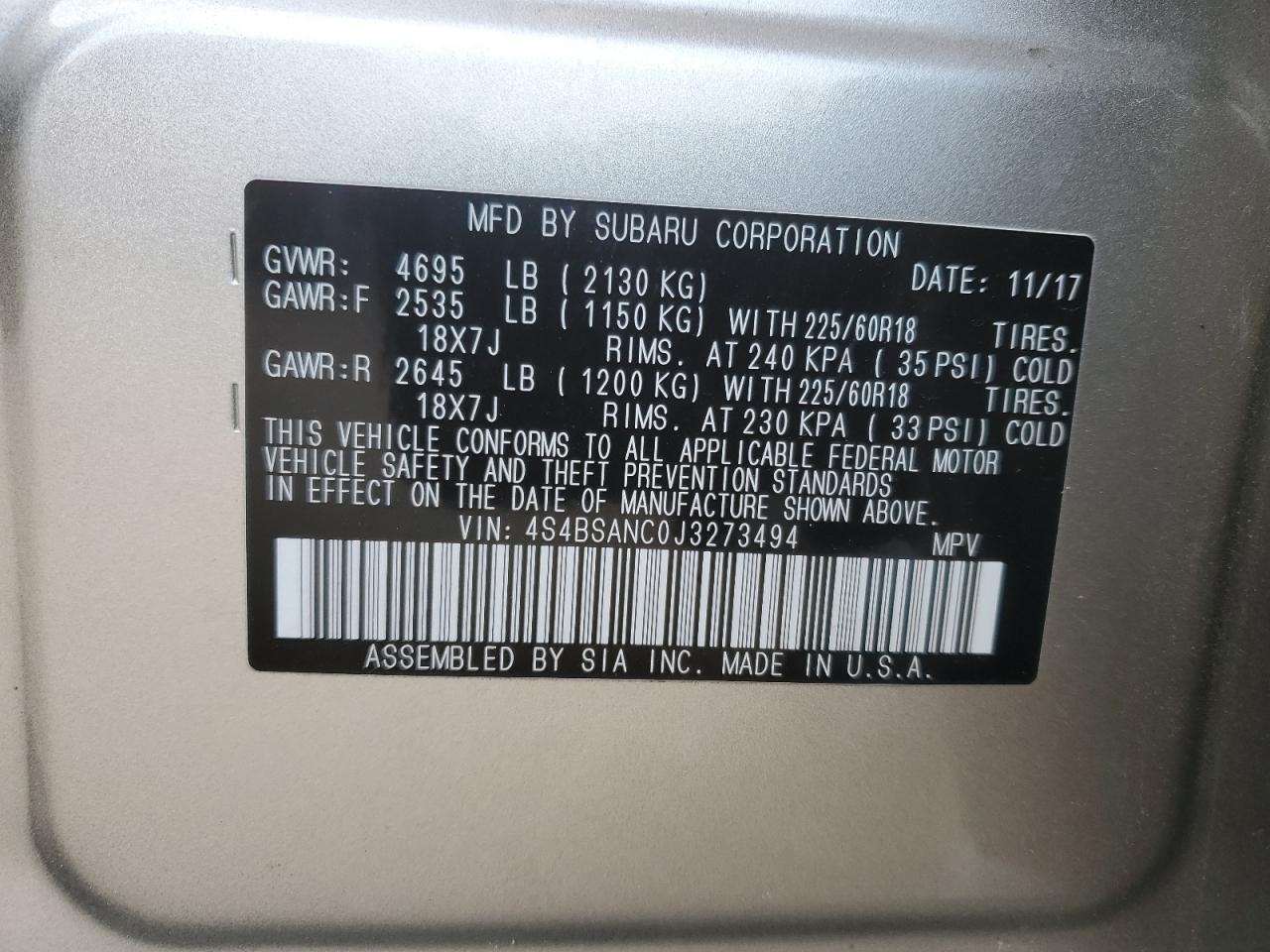 2018 Subaru Outback VIN 4S4BSANC0J3273494 Copart auction photo, front end / side damage thumbnail 16