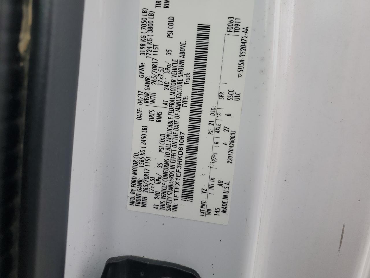 2017 Ford F-150 VIN 1FTFX1EF3HKD61067 Copart auction photo, rear end damage thumbnail 13