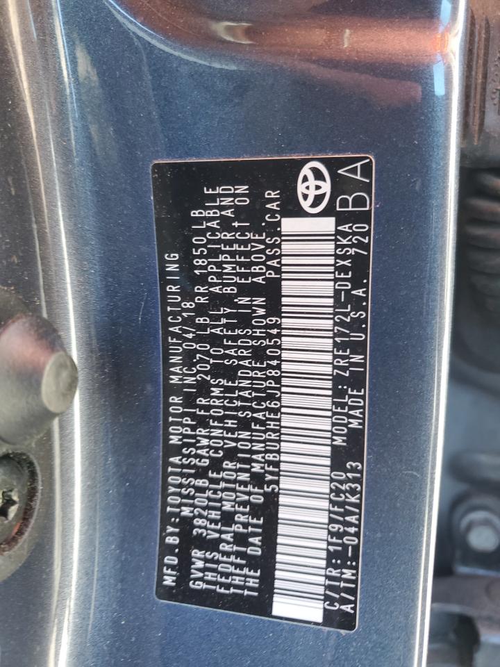 2018 Toyota Corolla VIN 5YFBURHE6JP840549 Copart auction photo, rear end damage thumbnail 12