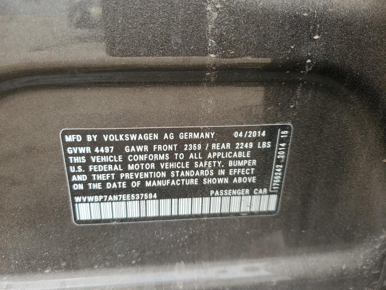 2014 Volkswagen Passat CC VIN WVWBP7AN7EE537594 Copart auction photo, front end damage thumbnail 14