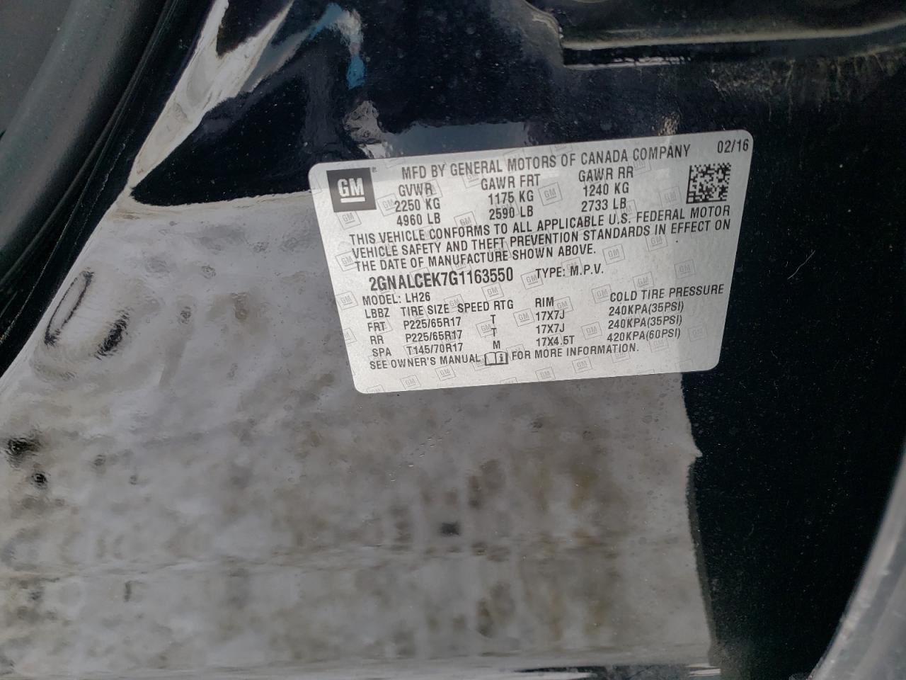 2016 Chevrolet Equinox VIN 2GNALCEK7G1163550 Copart auction photo, side / front end damage thumbnail 15