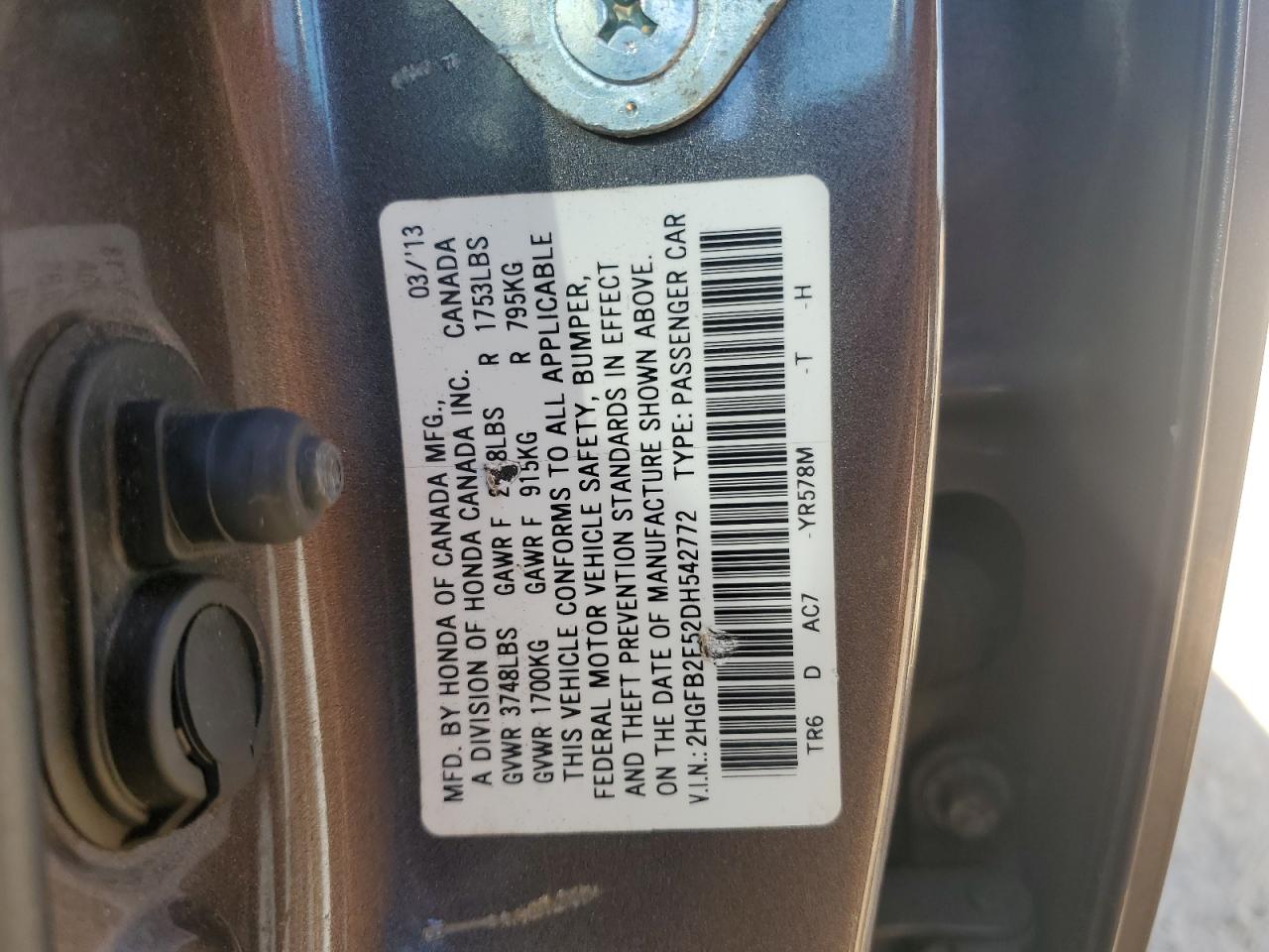2013 Honda Civic VIN 2HGFB2F52DH542772 Copart auction photo, rear end / front end damage thumbnail 13