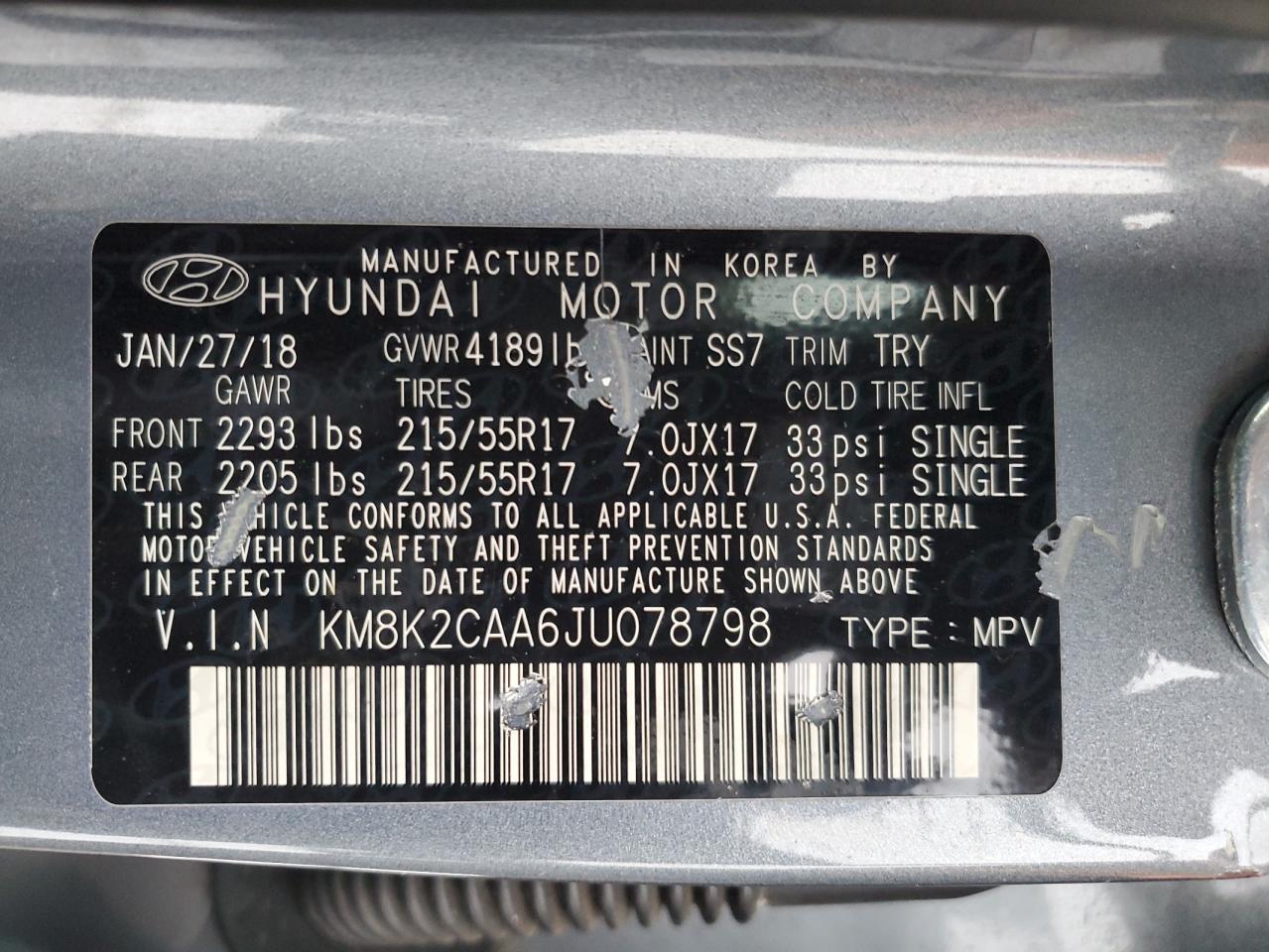 2018 Hyundai Kona VIN KM8K2CAA6JU078798 Copart auction photo, side / front end damage thumbnail 15
