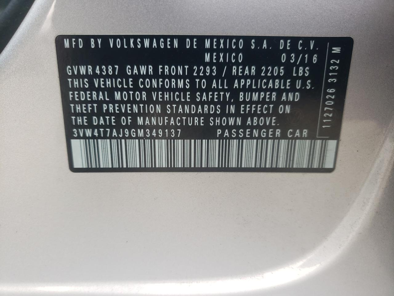 2016 Volkswagen Jetta VIN 3VW4T7AJ9GM349137 Copart auction photo, rear end damage thumbnail 12