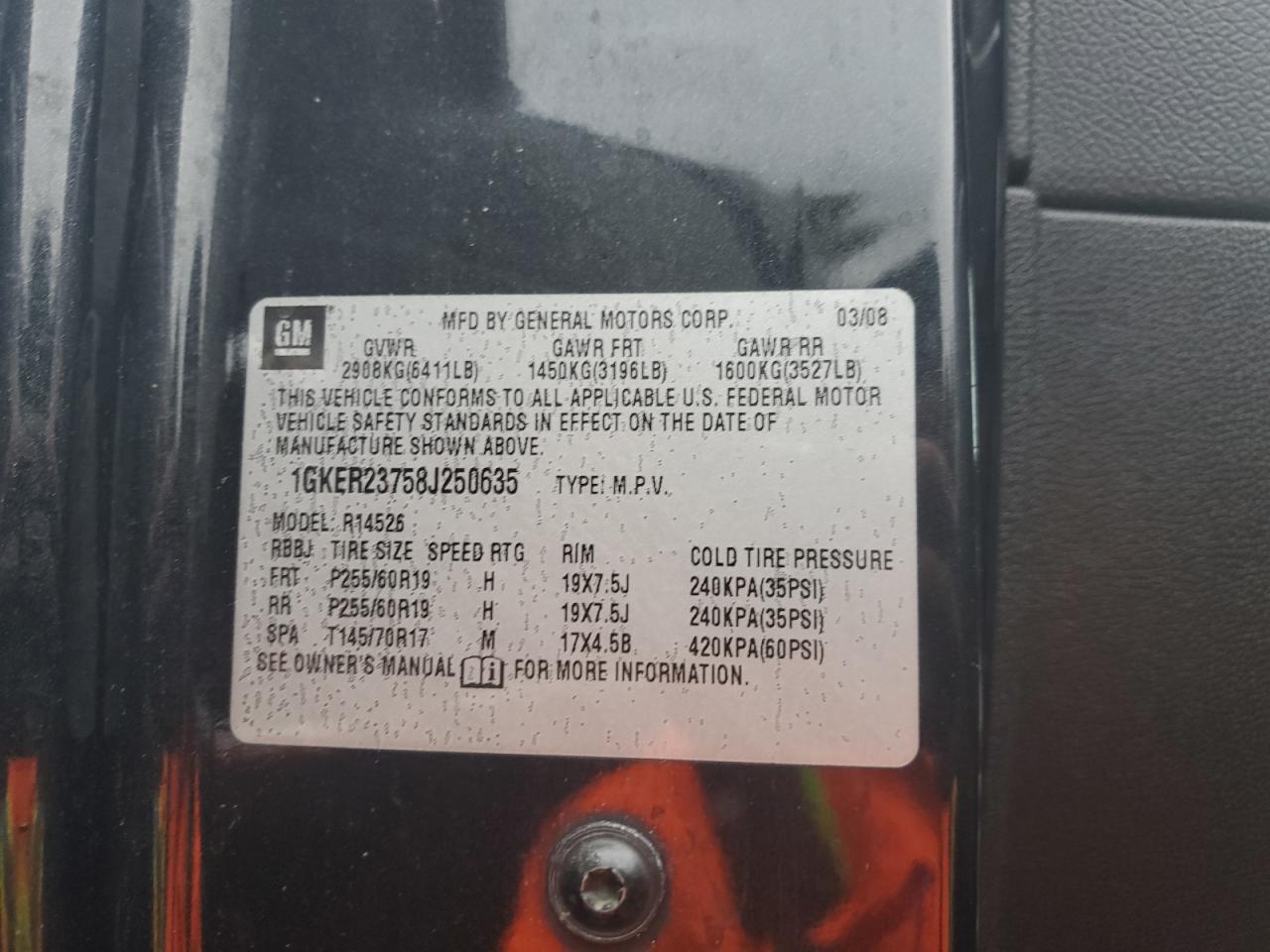 2008 GMC Acadia VIN 1GKER23758J250635 Copart auction photo, vandalism damage thumbnail 15