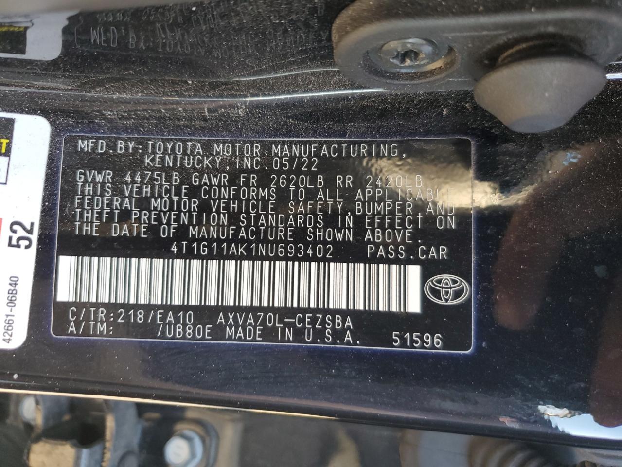 2022 Toyota Camry VIN 4T1G11AK1NU693402 Copart auction photo, front end damage thumbnail 12