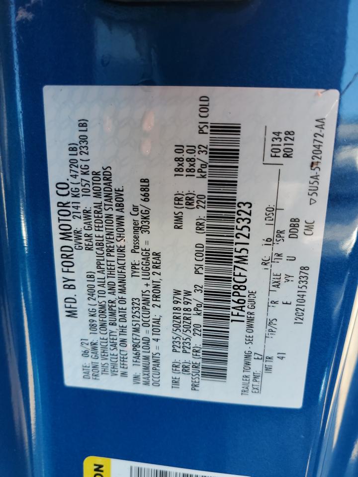 2021 Ford Mustang VIN 1FA6P8CF7M5125323 Copart auction photo, front end / mechanical damage thumbnail 12