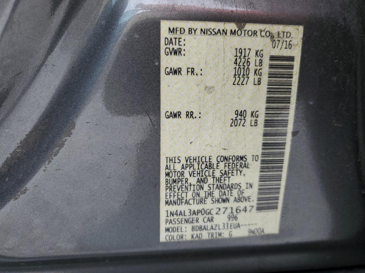 2016 Nissan Altima VIN 1N4AL3AP0GC271647 Copart auction photo, rear end damage thumbnail 15